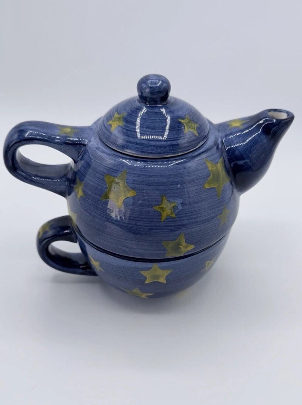 Vintage Tea For One Ceramic Teapot Cup Set Blue Yellow Stars Original Box